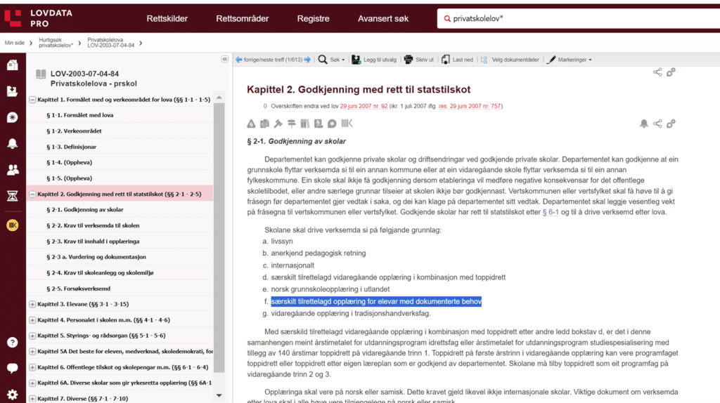 PrivLov2024 Skjermbilde av Lovdata Pro-nettstedet som viser lovtekst om godkjenning av rett til ekspropriasjonserstatning, med uthevet tekst om dokumenterbare behov.