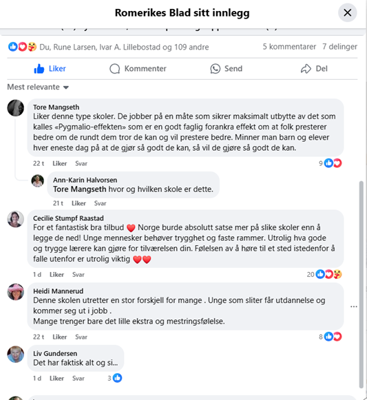 Skjermdump av et Facebook-innlegg med flere brukere som kommenterer skoler, diskuterer skolekvalitet, elevprestasjoner og betydningen av gode lærere og støttende miljøer.