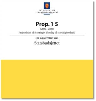 Forsiden av Norges forslag til statsbudsjett for 2023, med tittel, regjeringsinsignier og gul fargeblokk.