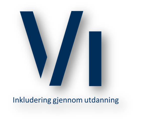 VIlogo-med-tekst Mørkeblå stiliserte bokstaver "Vi" over den norske teksten "Inkludering gjennom utdanning" på hvit bakgrunn.