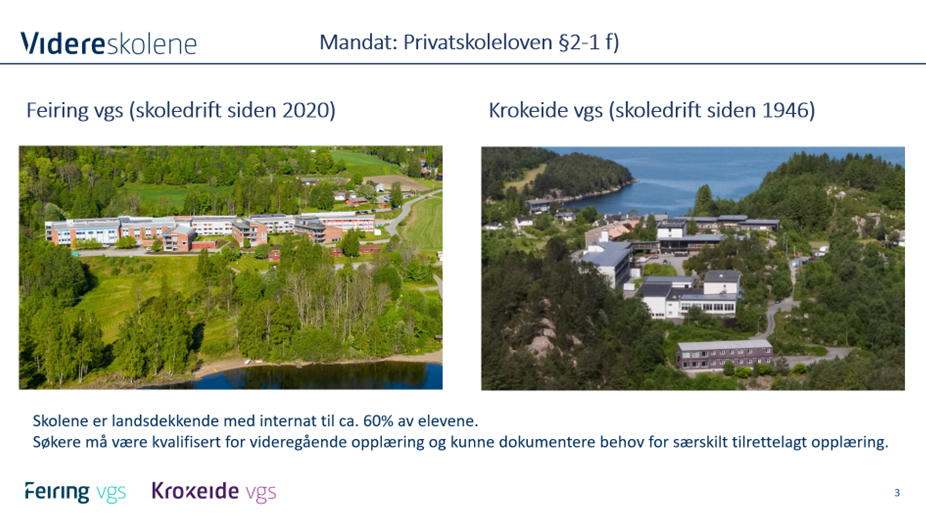 skolene To bilder viser Feiring videregående skole, som har vært i drift siden 2020, og Krokeide videregående skole, som har vært i drift siden 1946; begge er omgitt av grøntområder og vann.