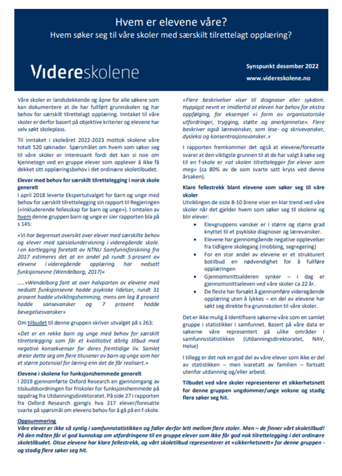 En norsk informasjonsbrosjyre fra Videreskolene om elever som søker spesialundervisning, med oversikt over elevdemografi, typer behov og støttetjenester som tilbys i skoleåret 2022-2023.